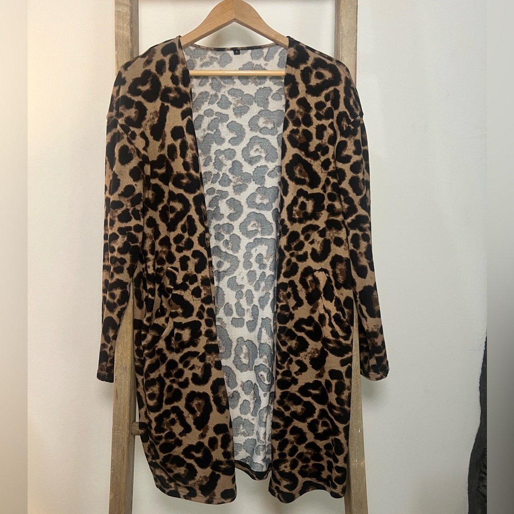 Leopard Print Open Front Cardigan with Pockets